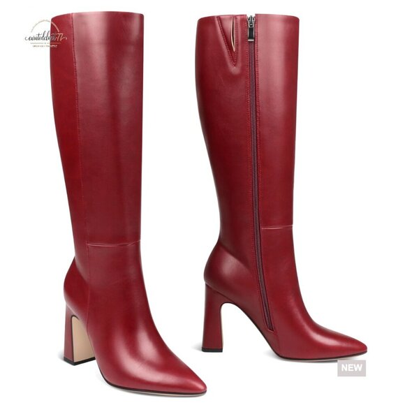 Shoes - Knee High Boots Chunky Heel Pointed Toe Zipper Synthetic Leather